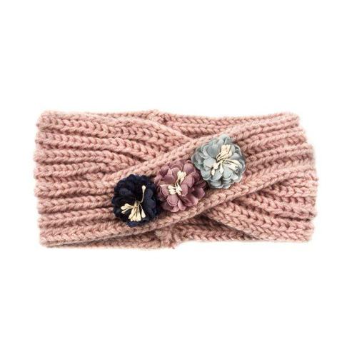 Knit Headband with Flowers Pink