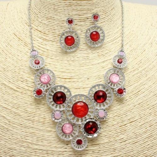 Silver/Red Trendy Circle Necklace Set