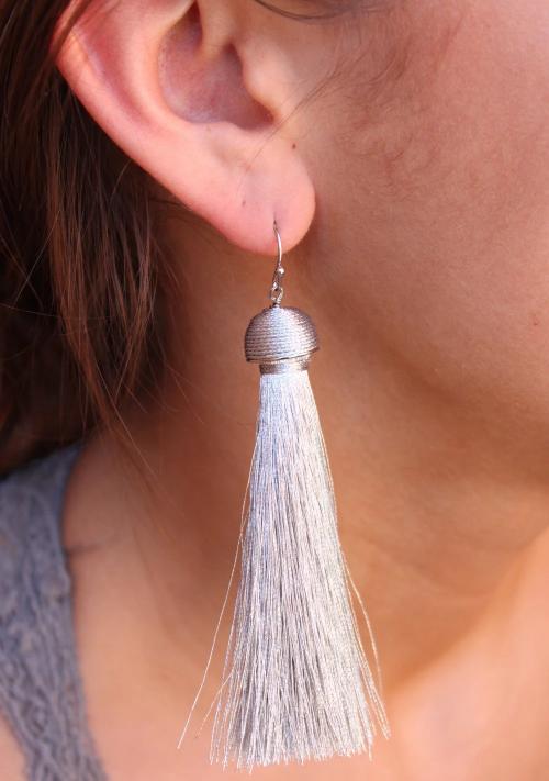 Abys Thread Wrapped Cap with Metallic Fabric Tassel Drop Earrings Silver