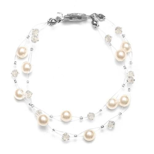 2-Row Pearl & Crystal Bridal Illusion Bracelet Honey Pearls