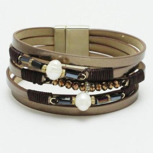 Pearls & Beads Leather Stacked Bracelet Brown