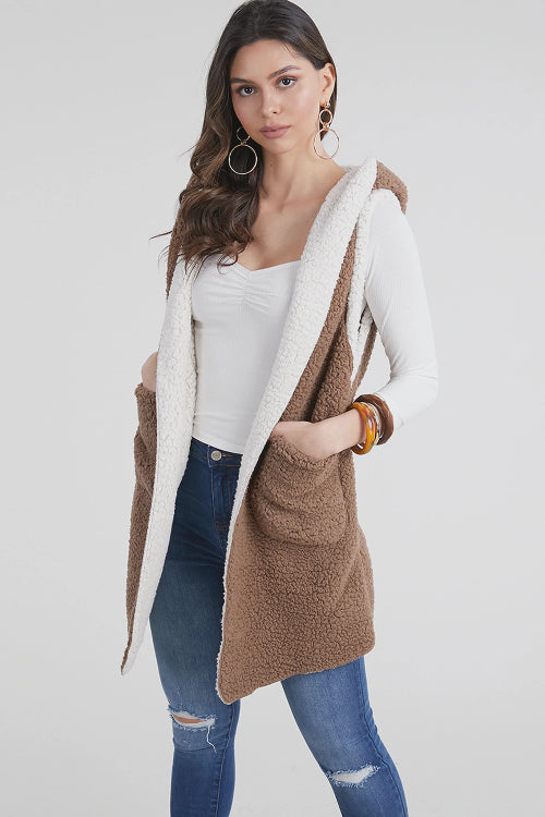Reversible Hooded Sherpa Vest Taupe