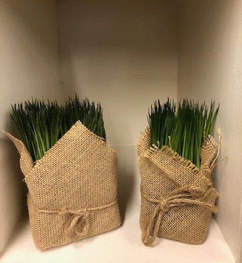 Decorative Burlap-Wrapped Grass Pots