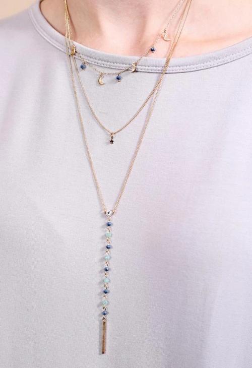 Diaz Multi Strand Y Drop Beaded Necklace With Moons Blue