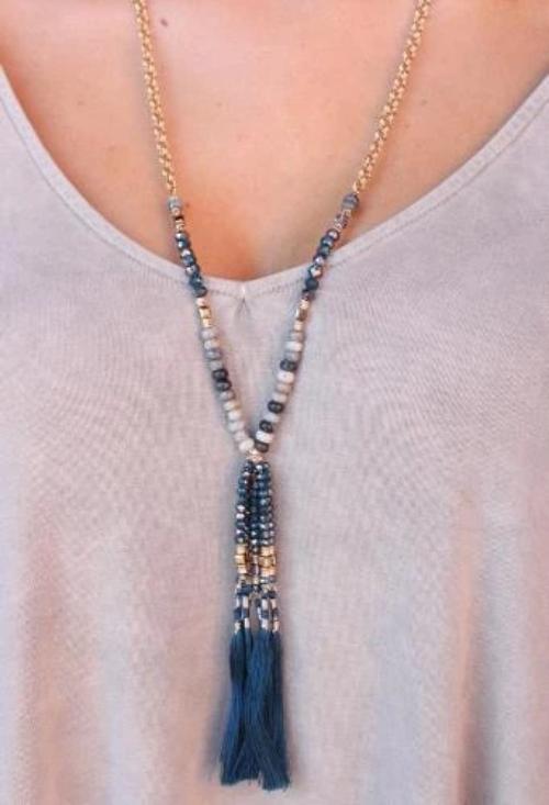 Fallow Chain and Natural Stone Tassel Necklace Teal
