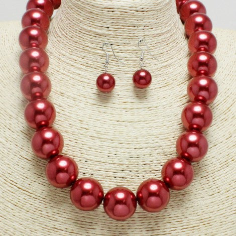 Chunky Pearl Necklace Set Red