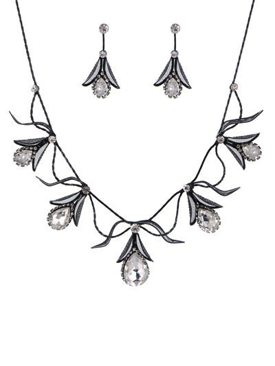 Crystal Stone Bib Necklace Set Black
