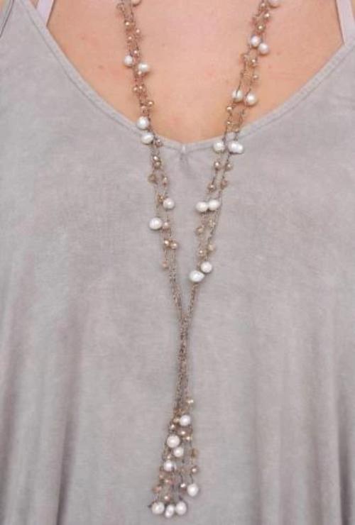 Double Layer Cord and Freshwater Pearl Necklace - Champagne