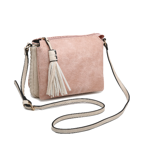 Tassel Accent Whipstitched 3-Compartment Crossbody Pink