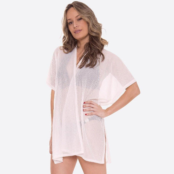 Women's Honeycomb Mesh Kimono or Swimsuit Cover Up White