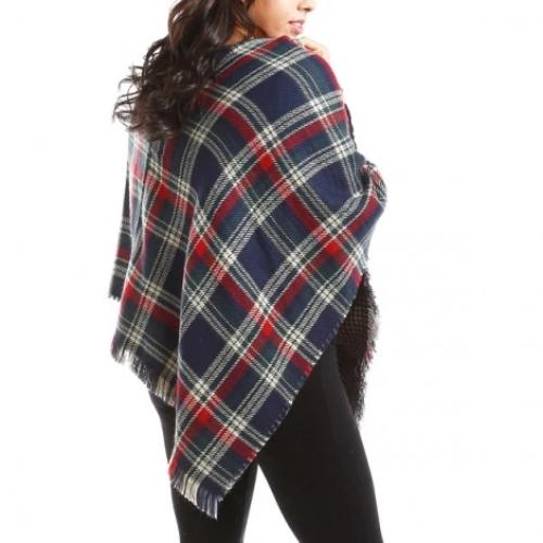 Multi Plaid Poncho Navy