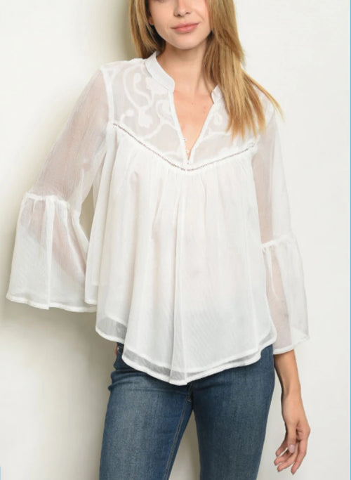 Bell Sleeve V-neck Lace Detail Tunic White