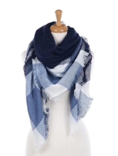 Checkered Plaid Soft Yarn Blanket Scarf Dark Blue/Light Blue