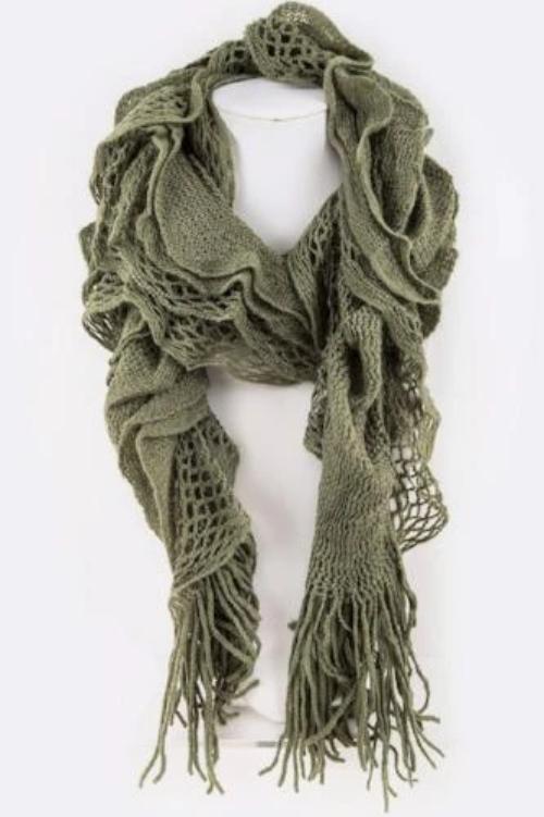 Loose Crochet Mix Knit Ruffle Winter Scarf Olive