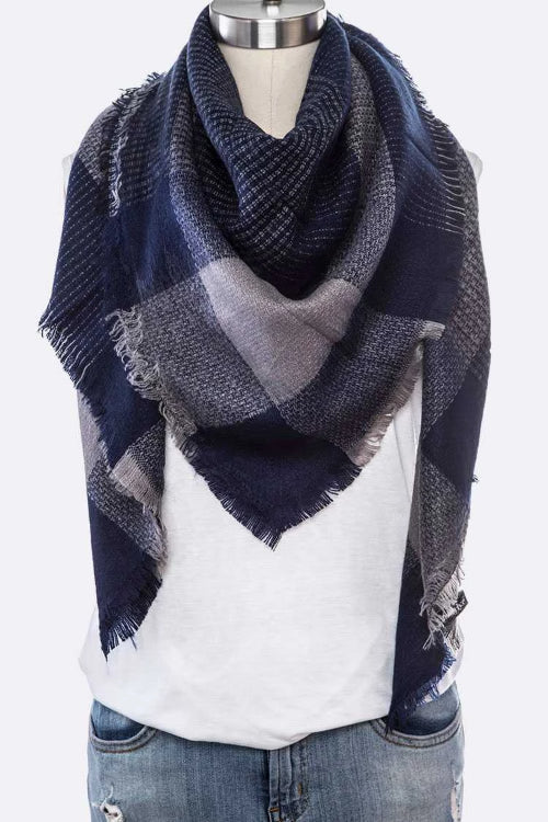 Mix Plaid Printed Fashion Blanket Scarf Navy Blue
