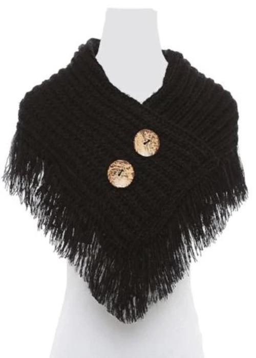Trendy and Stylish Button/Fringe Accented Scarf/Shawl Black