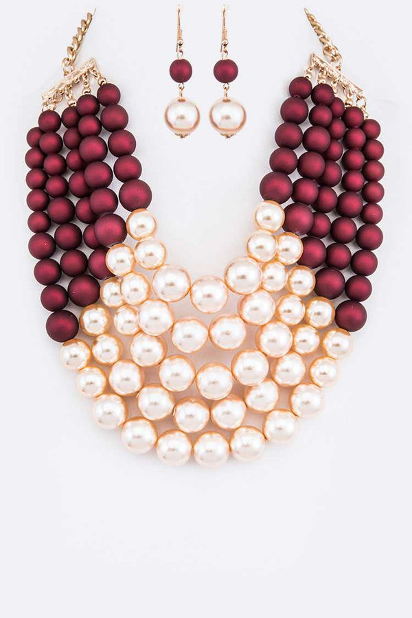 Layered Two-Tone Pearls Strand Statement Necklace Set