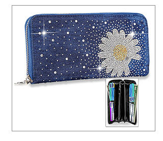 Denim Bling Accordion Wallet with Daisy Accent - Denim