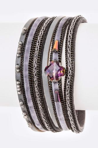 Crystal Mix Leather Double Wrap Magnetic Bracelet Grey
