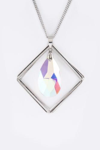 Crystal Teardrop Rhombus Frame Pendant Silver/AB