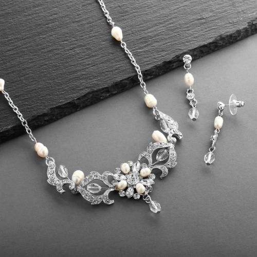 Freshwater Pearl & Crystal Wedding Necklace & Earrings Set