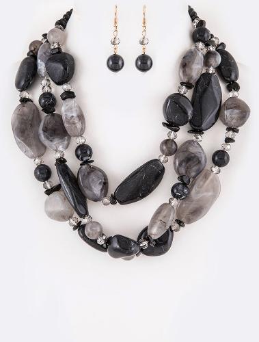 Resin Pebble Stone Layered Necklace Set Black