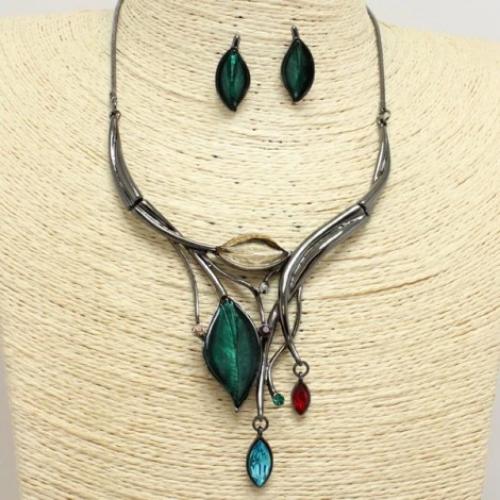 Drop Leaf Necklace Set Hematite/Multi