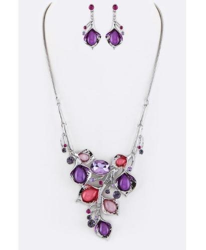 Crystal Flowers Statement Necklace Set Silver/Purple
