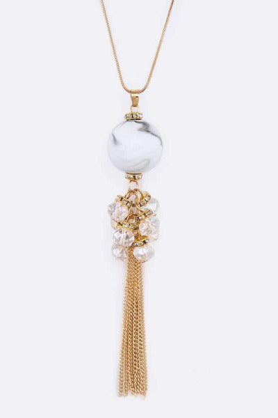Marble Bead Tassel Pendant Necklace Set Grey Close Up