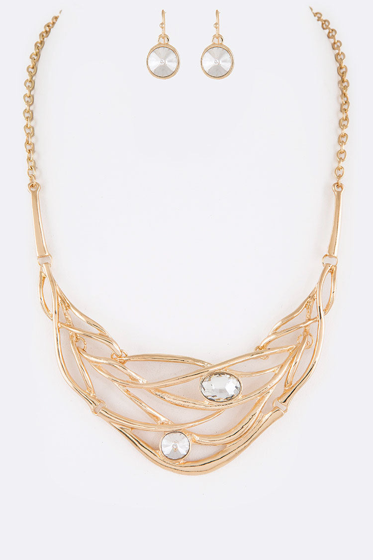Crystal Dotted Statement Necklace Set Gold