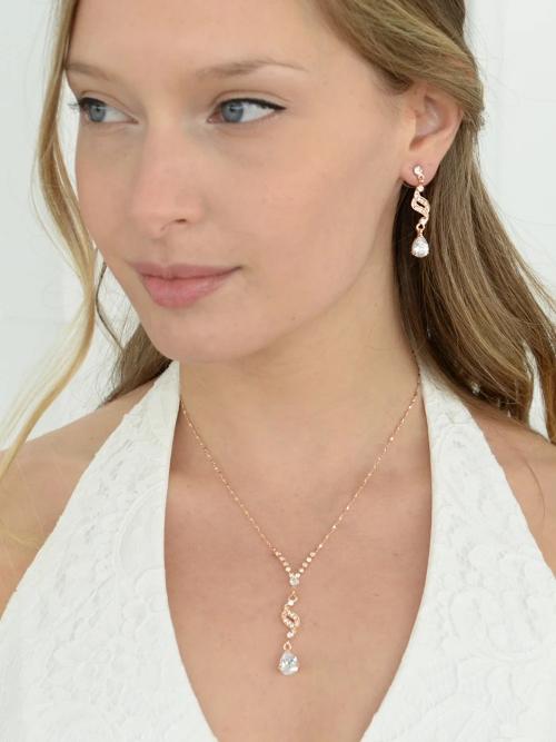 Dainty Necklace & Earrings Set with CZ Teardrops Rose Gold
