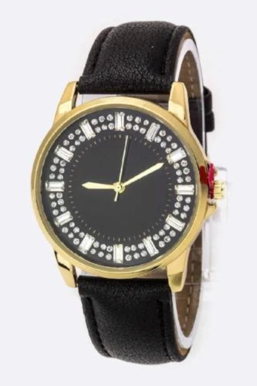 Baguette Crystal Bezel Leather Watch Black/Gold