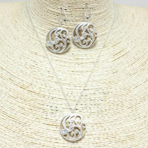 Round Filigree Necklace Set Worn Silver/Gold