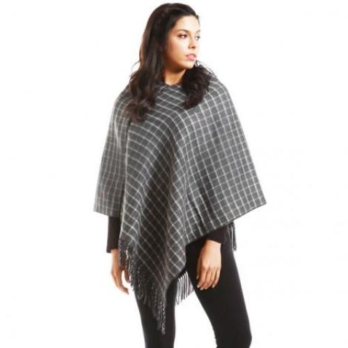 Checkered Poncho with Fringe Gray