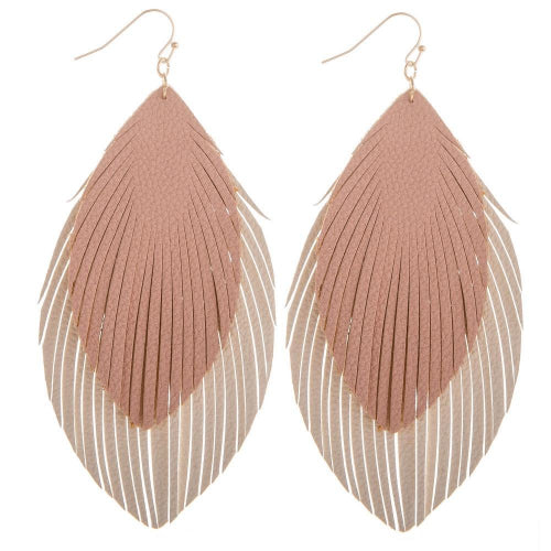 Layered Double Feather Earrings Pink/Ivory