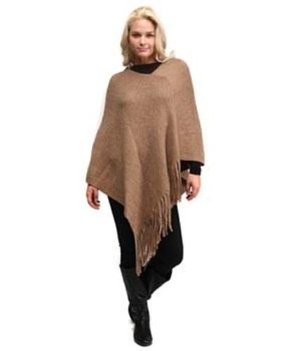 Solid Knitted Plaid Diagonol Cut Poncho with Fringe Beige