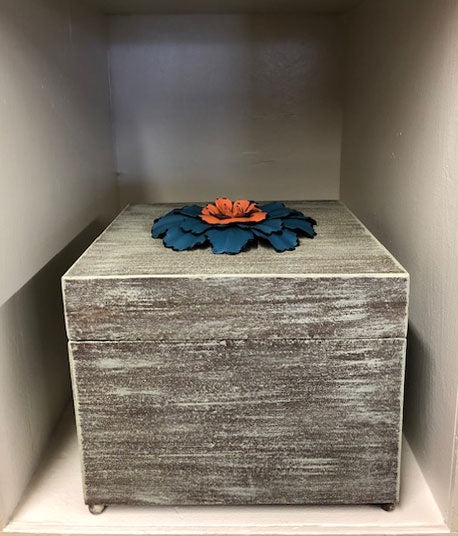 Flower Accented Metal Box with Hinged Lid Blue Flower