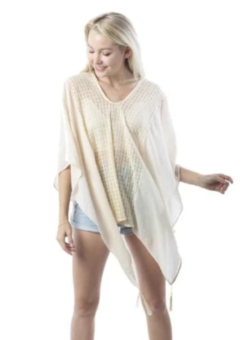 Center Lace Poncho with Tassels Ivory