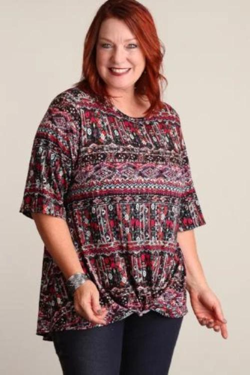 Tribal Printed Knot Front Blouse - Plus Size
