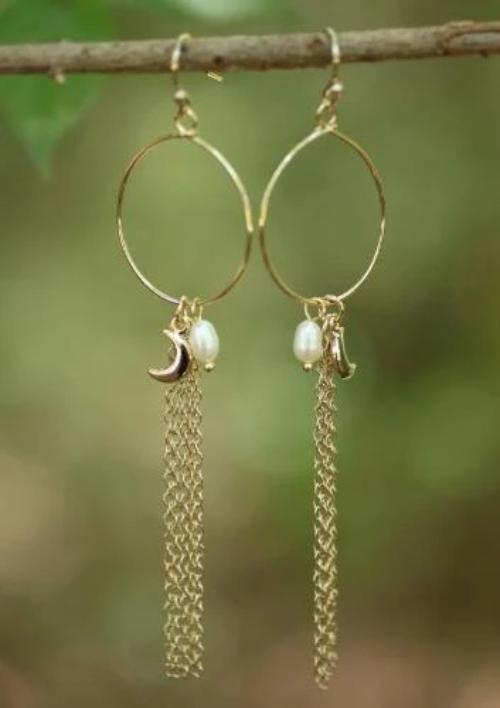 Moonsping Tassel, Pearl and Charm Hoops Gold