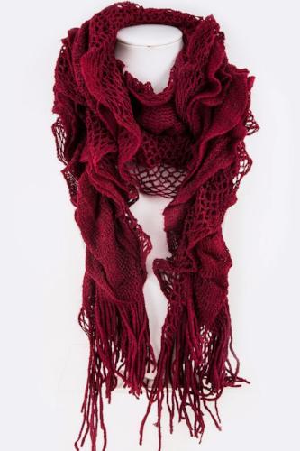 Loose Crochet Mix Knit Ruffle Winter Scarf Burgundy