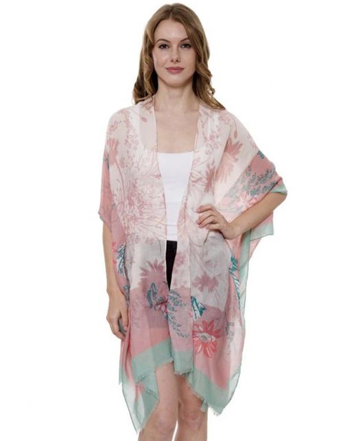 Floral Kimono with Solid Color Hem Pink
