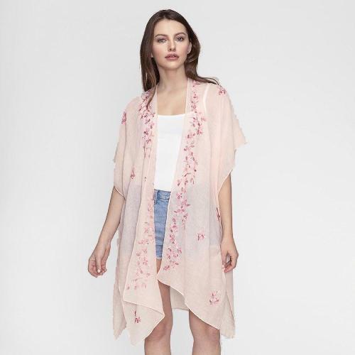 Short Sleeve Kimono with Floral Embroidery Peach